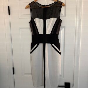 BCBGMaxAzria Black and White Mesh Panel Midi Dress